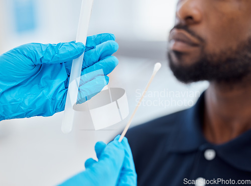 Image of Doctor hands, compliance and a covid test with black man with testing kit in a clinic or hospital. Safety, medical pcr and healthcare hand, glove or corona check before with cotton swab and test tube