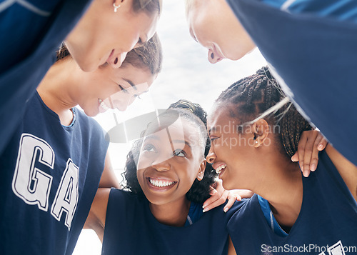 Image of Women netball teamwork, motivation and strategy, support and winner target planning for competition games. Happy, excited and coaching huddle of sports group training, trust and goals collaboration