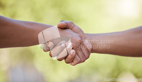 Image of Men, handshake or teamwork collaboration for sports game, fitness match or exercise training in community park. Zoom, partnership or thank you gesture with friends, people or workout personal trainer