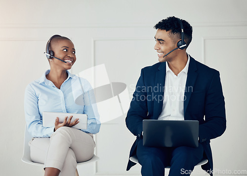 Image of Call center, team meeting and business people with laptop, tablet or technology consultation for Human Resources, we are hiring or job search. Black people excited for telemarketing career interview