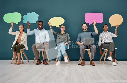 Image of Diversity, poster and team with speech bubble, social media and marketing at interview, hiring and recruitment. Business people with board, sign and mockup space with review, opinion and advertising