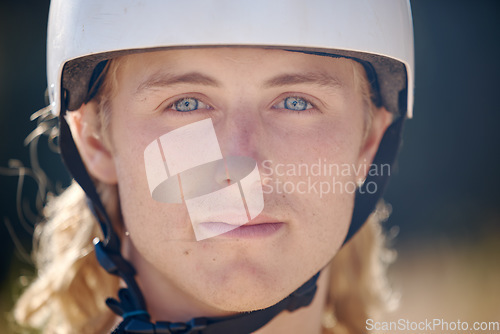 Image of Fitness, cycling and portrait of man with helmet macro for exercise, workout and sport safety. Young biker sports guy ready for outdoor cyclist cardio and wellness for an active lifestyle.