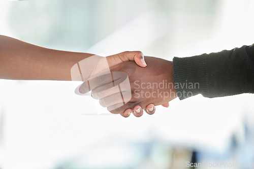 Image of Business handshake, agreement and client deal success of hands together for a b2b partnership. Thank you, welcome and black business workers at feeling motivation, teamwork and collaboration goal