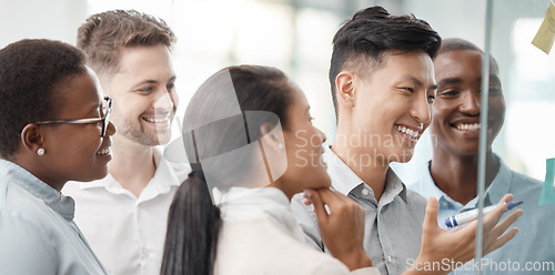 Image of Business people, smile and teamwork in planning with sticky notes for strategy, brainstorming or ideas at the office. Happy creative employee team in collaboration, schedule or project plan together