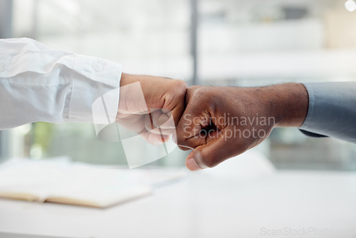 Image of Hands, motivation and collaboration fist bump hand gesture, sign or icon with teamwork, support and collaboration. Diversity worker group or business people together in unity, solidarity and welcome