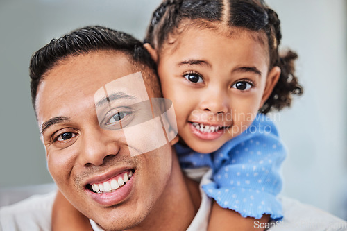 Image of Family, girl and father in portrait with child having fun, hugging and bonding with dad at home on a weekend. Smile, Guadalajara and man smiling with a young kid or baby enjoys quality time in Mexico