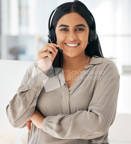 Image of Contact us, call center and woman in customer support happy to help clients with loan or insurance advice. Smile, about us and Indian sales agent networking, talking and consulting customers online