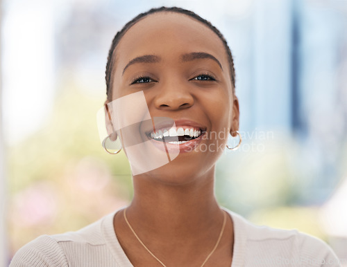 Image of Happy, portrait and face of a black woman in corporate, working and smile as a business employee at work. Pride, excited and African lawyer with motivation and happiness for a professional career