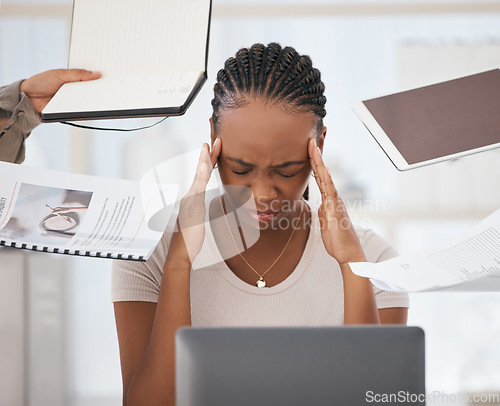 Image of Headache, stress and burnout of black woman in office on laptop overwhelmed by task deadlines. Multitasking, mental health and sad, anxiety or depression of female employee working in finance job.