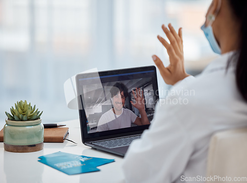 Image of Video call, healthcare and doctor consulting with a man on a laptop for health, help and advice at a hospital. Medical, consultation and patient with wave while doing telehealth with a nurse on tech