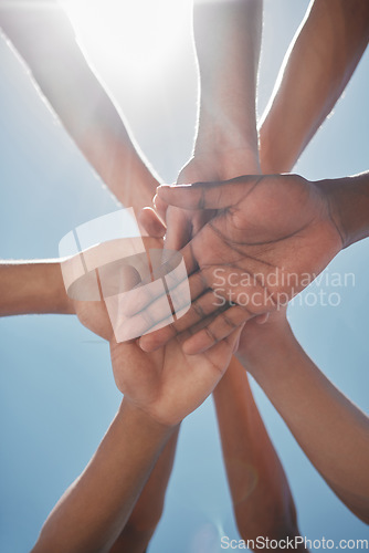 Image of Hands, support and diversity with team, solidarity and together for collaboration and team building. Teamwork motivation, mission success and community with connection and trust in partnership.