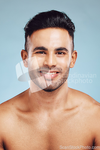 Image of Happy, face and man model with healthy skin, skincare and beauty with a smile. Portrait of a person from Portugal with body wellness, health and satisfaction about cosmetic wellbeing and happiness