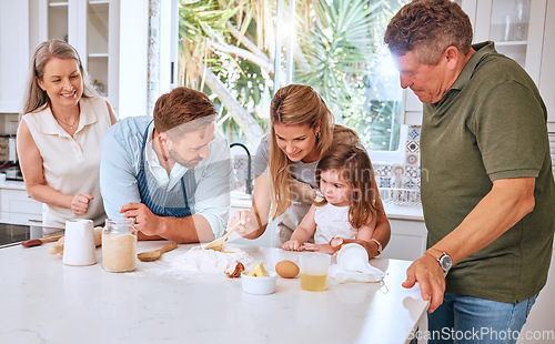 Image of Grandparents, parents and child baking in kitchen have fun, bond and learning together. Big family, love and mom and dad teaching girl to cook, bake and develop chef skills with grandpa and grandma