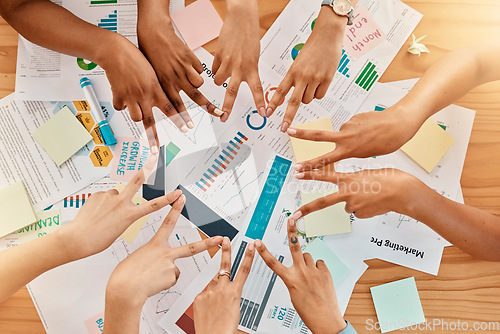 Image of Victory fingers in a circle, marketing collaboration and teambuilding at a creative advertising company. Employee solidarity, peace hands together and business staff with support, trust and teamwork