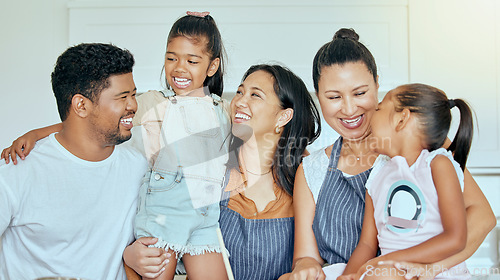 Image of Grandmother, mom and father cooking with children as a happy family bonding and spending quality time in Mexico. Smile, mama and dad with mature woman enjoying holidays with girls, kids or siblings