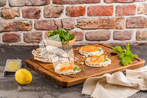 Image of Smoked salmon on rice bread toasts