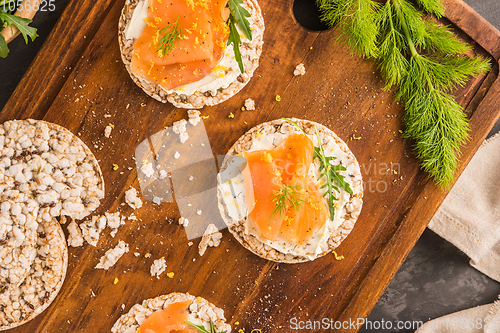 Image of Smoked salmon on rice bread toasts