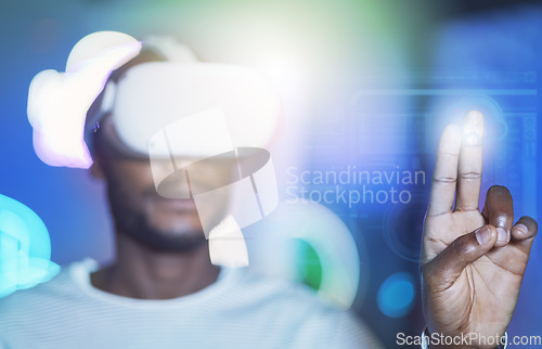 Image of VR man, fingerprint and cyber innovation, user connection and ui biometric login to network password, digital future and metaverse. Hands click on virtual reality, cyber dashboard and futuristic tech