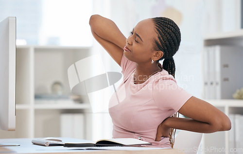 Image of Burnout, stress and tired black woman with back pain in the office due to bad posture and uncomfortable chair. Fatigue, problem and frustrated worker annoyed with lower back injury or muscle backache