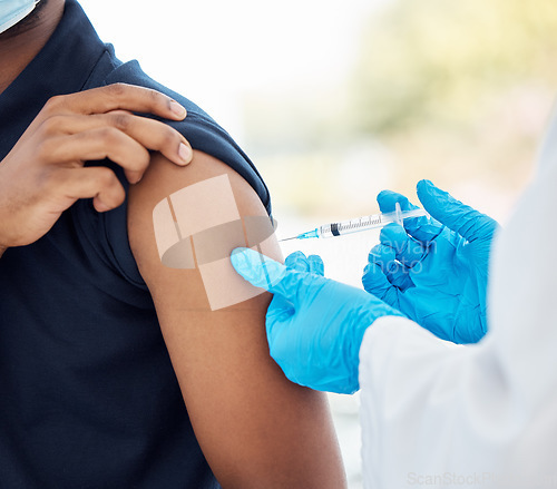 Image of Covid vaccine, healthcare and patient during consultation with doctor for health, wellness and medicine injection in arm. Medical man in hospital for immunization with clean needle for covid 19 shot