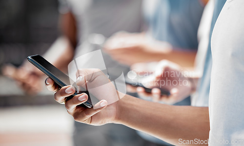 Image of Hands of group in line on smartphone, social media or internet surfing or browsing online. Tech, side view and friends or people on devices, phones or cellphones networking, chat or sharing data.