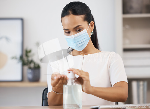 Image of Bacteria, covid and woman cleaning hands for medical and healthcare compliance in an office at work. Mexico, coronavirus and worker in face mask washing fingers with hand sanitizer to stop spread