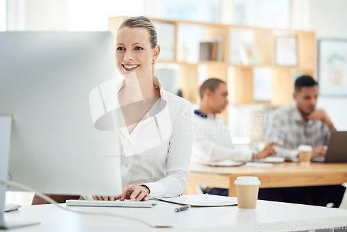 Image of Startup, smile or business woman with laptop for design research, creative idea or social media web design. Happy, employee or ecommerce for website planning, data analysis or marketing KPI