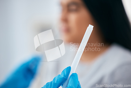 Image of Healthcare, hand or PCR doctor with covid test, corona virus or swap sample for medical compliance in hospital. Zoom, hands or nurse for medicine, insurance or covid 19 pandemic research science