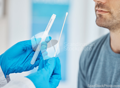 Image of Pcr, covid and nurse doing test on patient in clinic or hospital consulting room. Healthcare, pandemic and medical worker holding pcr test equipment, cotton bud and test tube for covid 19 virus