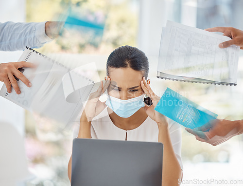 Image of Business woman, laptop and overwhelmed with workload, headache or burnout working at the office. Female employee trying to focus under pressure for deadline while overloaded with work at workplace