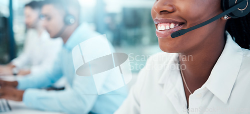Image of Call center, telemarketing and closeup of a woman mouth with a headset doing an online consultation. Customer support, contact us and consultant with a crm strategy in customer service in the office.