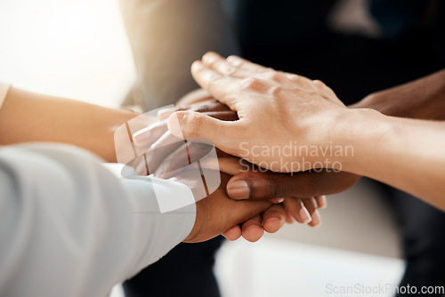 Image of Hands, team building and meeting for a mission, goals and sales growth targets with teamwork or collaboration. Diversity, support and business people planning a community development group project