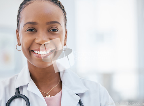 Image of Black woman doctor, hospital and portrait of young, professional and medical cardiology expert staff working in clinic with mockup space. Happy female healthcare worker consulting service