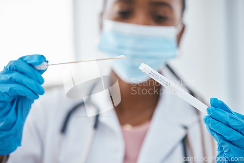 Image of Health, doctor and covid test, swab and hospital with healthcare professional in mask, safety and protection in medicine. Covid 19, pandemic and dna sample, science and medical examination.