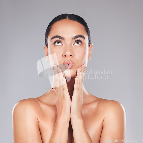 Image of Skincare, beauty and surprise face of a woman from Spain with healthy, wellness and glowing skin. Female model hands after cosmetic, health dermatology and lip fillers treatment or plastic surgery