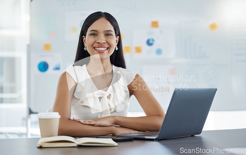 Image of Planning, brainstorming and laptop of business woman in workspace portrait with whiteboard for digital marketing, seo analytics and project strategy. Manager notebook for goals, innovation and agency