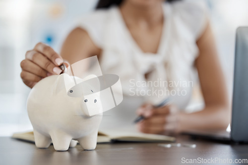 Image of Business woman, hands or piggy bank for accounting, savings or investment for company budget, startup finance or capital money. Zoom, financial worker or deposit container for cash or coins in office