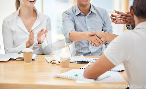 Image of Meeting, business people and handshake, applause and welcome to startup company. Clapping, b2b or crm, thank you or contract deal, agreement or teamwork, collaboration or shaking hands with client.