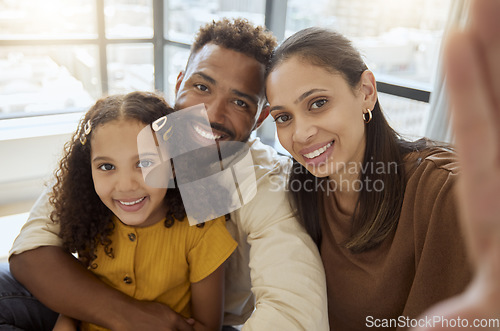 Image of Black family, selfie and happiness of a mother, father and girl bonding together at home. Portrait of a happy mama, dad and child with quality time, parents love and a hug showing care at a house