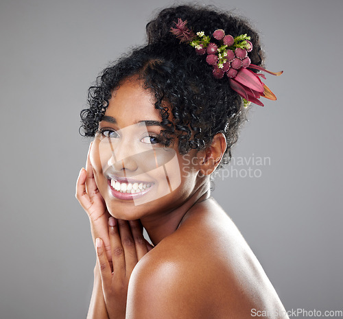 Image of Black woman, smile and skincare for wellness, being happy and with grey studio background. Natural beauty cosmetics and African American girl being confident, body care and happiness for smooth skin.