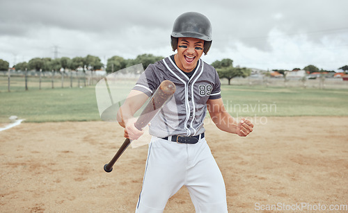 Image of Baseball, man and winner in sports game, celebration or winning on the pitch in the outdoors. Baseball player in sport celebrating match win, point or score for hitting a home run on the field