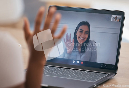 Image of Laptop, wave and women on a video call for a digital business meeting, coaching and online mentorship training. Smile, communication and happy friends networking, talking and speaking on the internet