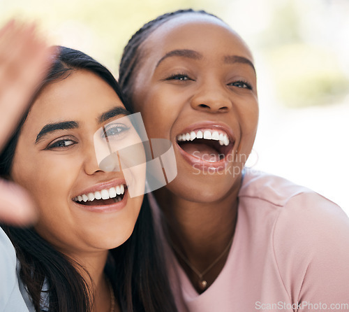 Image of Selfie, happy and diversity with black woman friends posing for a photograph together with a smile. Portrait, fun and freedom with a carefree female and young friend taking a picture while bonding
