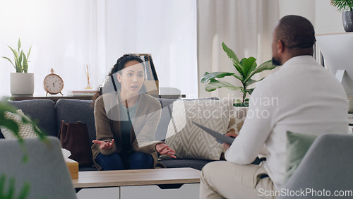 Image of Man psychologist, communication and woman patient with mental health, healthcare and depression in a office. Psychology expert and patient consulting, conversation and counseling in therapy session