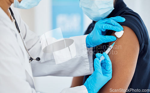 Image of Covid, vaccine and hands of doctor with man for medical, pharmacy and virus immunization in hospital. Medicine, consulting and help with healthcare worker and patient in clinic for flu and drug