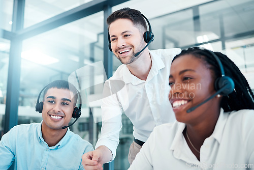 Image of Customer support, call center and team working together in office, manager helping workers. Diversity, teamwork and boss with consulting agents in customer service, telemarketing and crm workplace