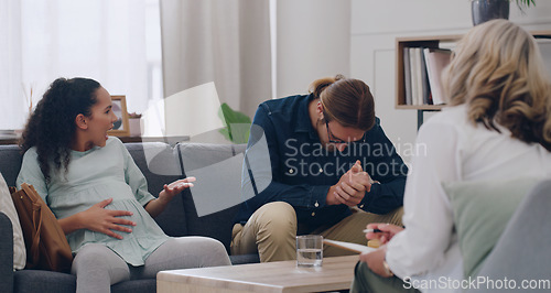 Image of Pregnant woman, man and fight with psychologist, counseling and mental health argue about problem. Couple, stress in support therapy in psychology office to discuss mistake, fail and marriage divorce