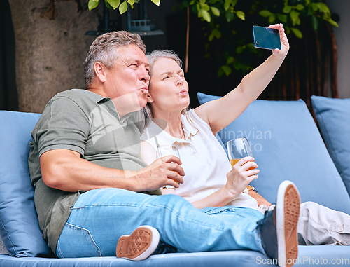 Image of Phone, love and old couple take a selfie on holiday vacation in Amsterdam for bonding while drinking wine. Retirement, traveling and happy woman enjoys taking pictures with senior partner outdoors