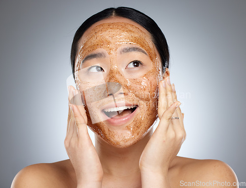 Image of Skincare, exfoliate and asian woman face mask for healthy, smooth and soft skin and happy with cosmetic result. Beauty model with facial cleaning product with smile and wellness to prevent dry acne