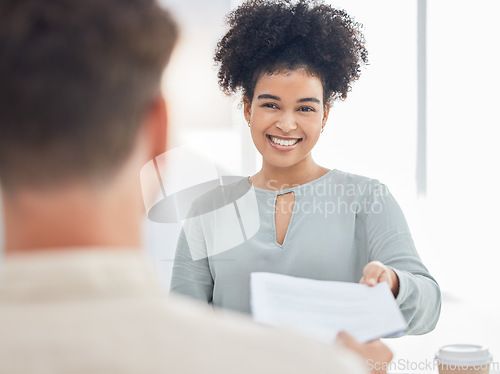 Image of Recruitment, contract and woman in a job interview with a cv, paperwork or resume document in hr with a big smile. Hiring, meeting and happy person giving human resources manager a deal agreement